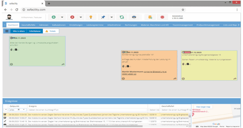 Sofacility Desktop: Tickets und Ereignisse im Überblick